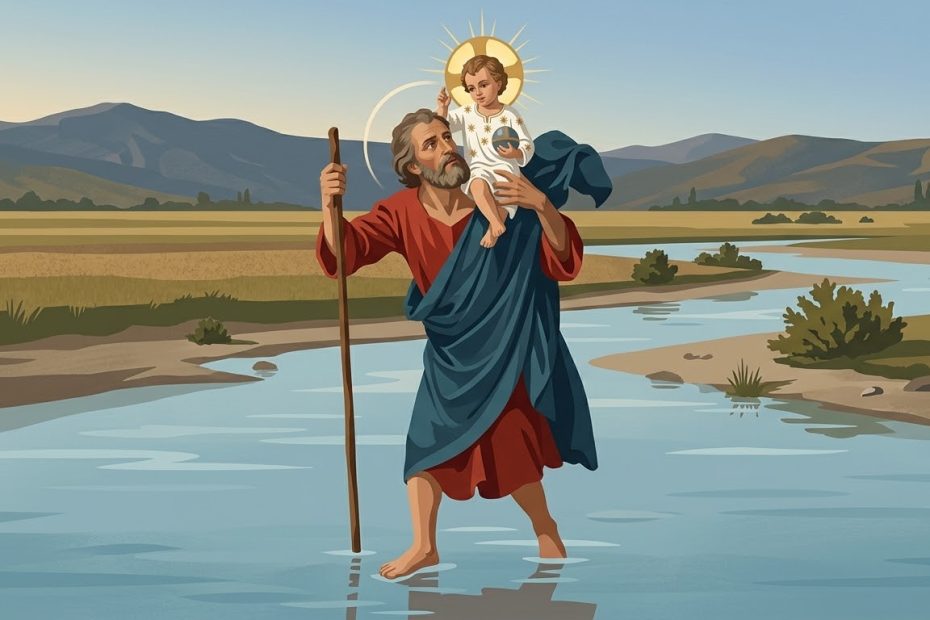 Der Ruf des Heiligen Christophorus - ein Mann überquert ruhige Gewässer und trägt ein strahlendes Kind auf seinen Schultern